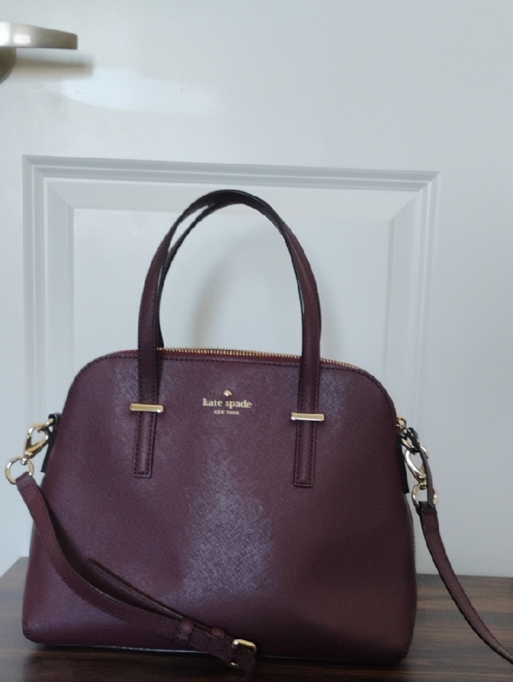 kate spade burgundy leather satchel with gold hardware
